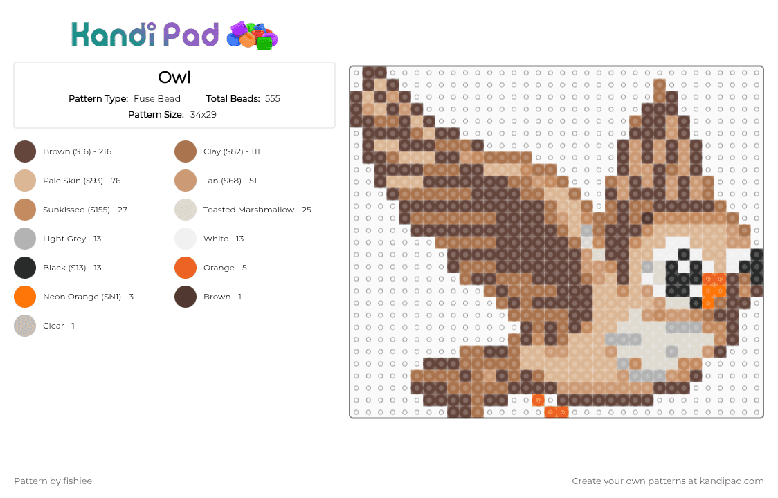 Owl - Fuse Bead Pattern by fishiee on Kandi Pad - brown,beige,tan