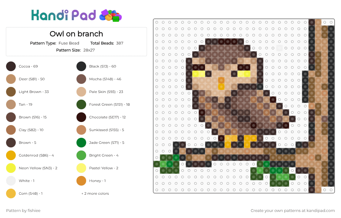 Owl on branch - Fuse Bead Pattern by fishiee on Kandi Pad - beige, brown, tan