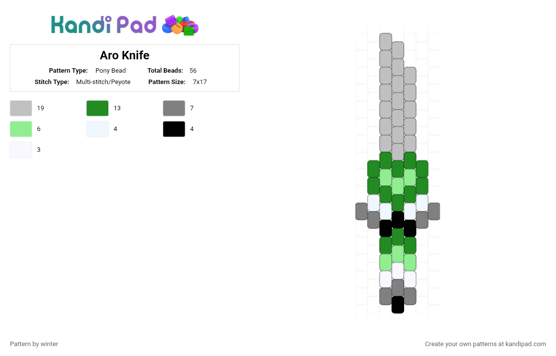 Aro Knife - Pony Bead Pattern by winter on Kandi Pad - aro, aroace, aromantic, beige, green, knife, pride, sword, weapon