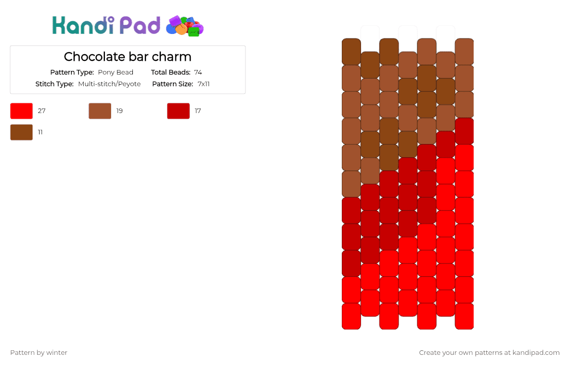 Chocolate Bar - Pony Bead Pattern by winter on Kandi Pad - red,chocolate,food,charm,charms,candy,brown,yumyumyum
