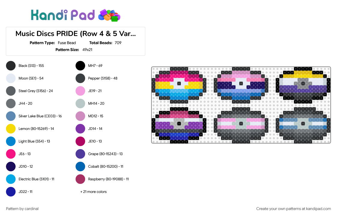 Music Discs PRIDE (Row 4 & 5 Variants) (Pansexual, Omnisexual, Non-binary, genderfluid, demi-girl, demi-boy) - Fuse Bead Pattern by cardinal on Kandi Pad - blue, gray, lgbt, lgbtq, lgbtqia, music disc, pink, pride, pride flag, pride flags, pridemonth, purple