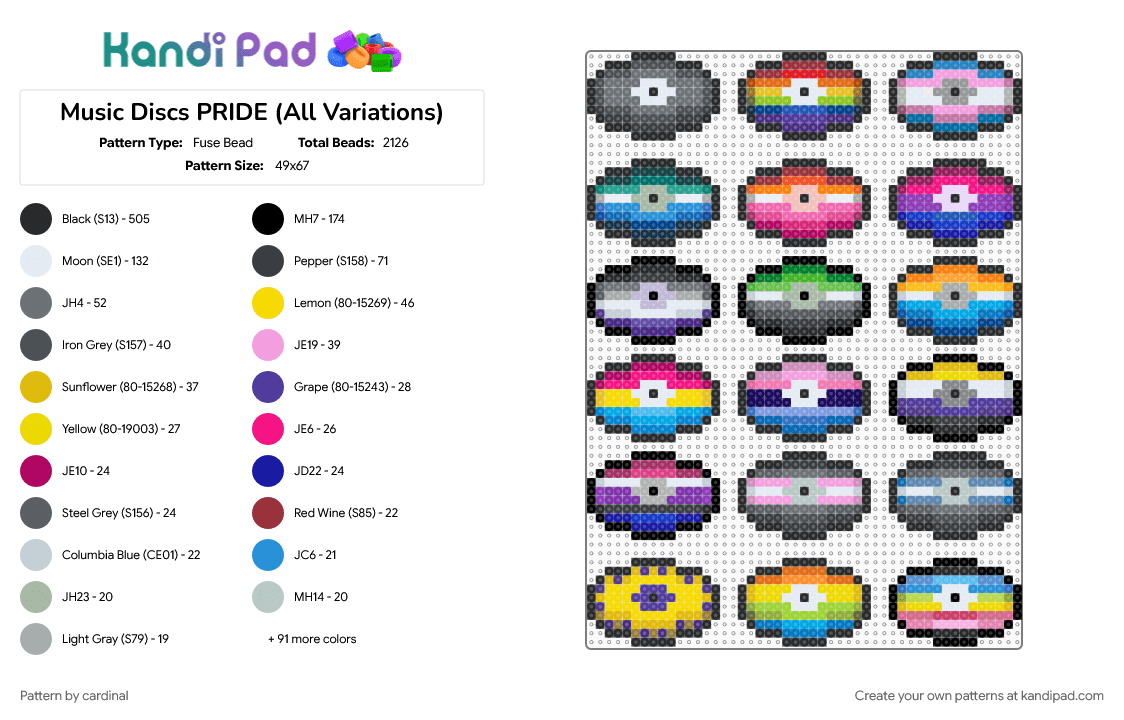 Music Discs PRIDE (All Variations) - Fuse Bead Pattern by cardinal on Kandi Pad - 