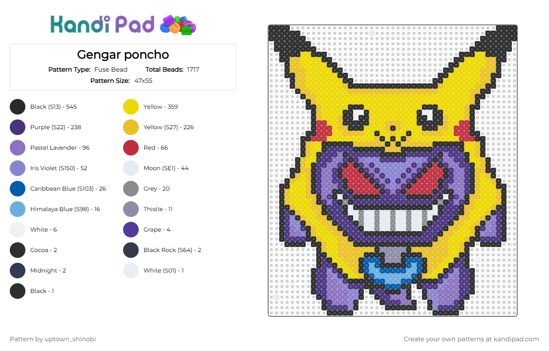 Gengar poncho - Fuse Bead Pattern by uptown_shinobi on Kandi Pad - yellow,purple,blue