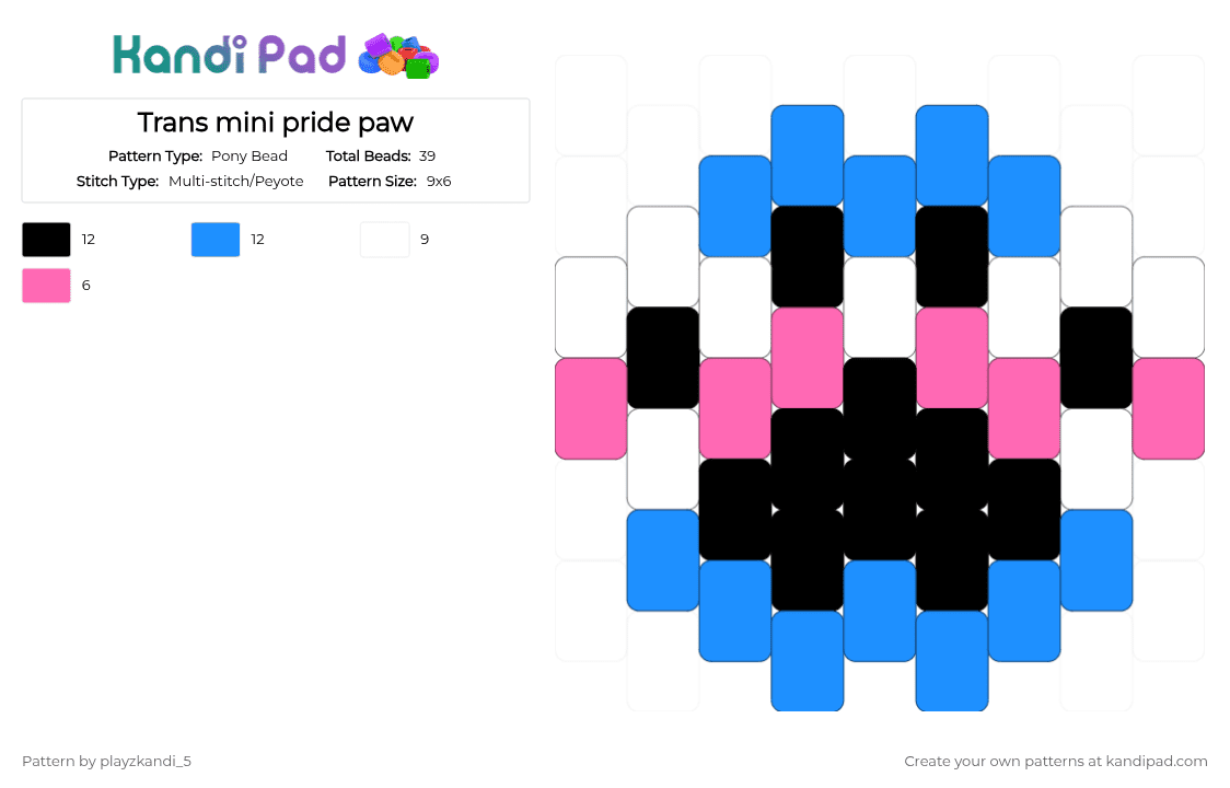 Trans mini pride paw - Pony Bead Pattern by playzkandi_5 on Kandi Pad - light blue,pink