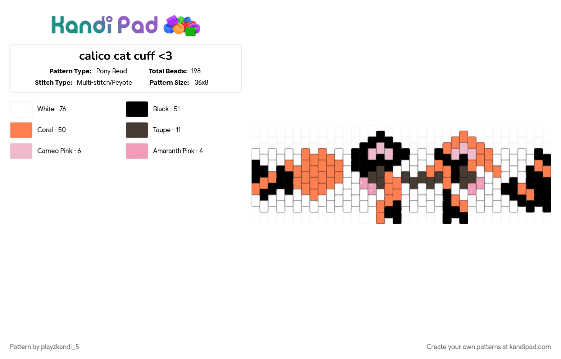 calico cat cuff - Pony Bead Pattern by playzkandi_5 on Kandi Pad - orange, white