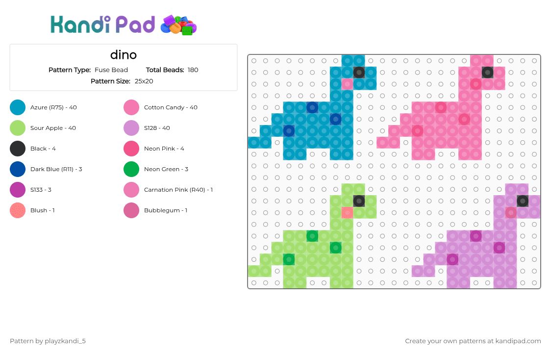 dino - Fuse Bead Pattern by playzkandi_5 on Kandi Pad - light blue,pink,green