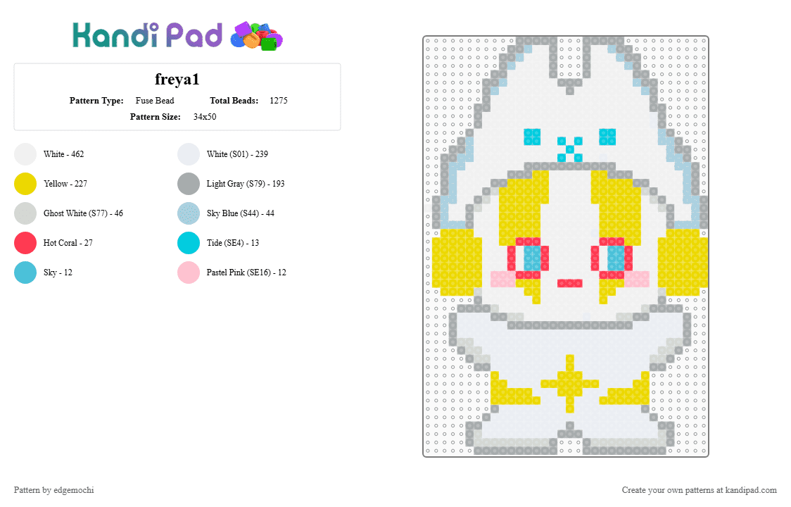 freya1 - Fuse Bead Pattern by edgemochi on Kandi Pad - harold,dabin,white,gray,yellow