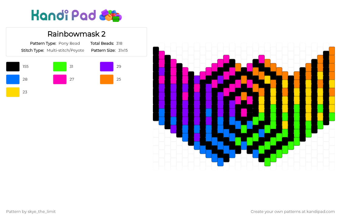 Rainbowmask 2 - Pony Bead Pattern by skye_the_limit on Kandi Pad - black,pink,green,colorful,mask,kandi,rainbow,spiral