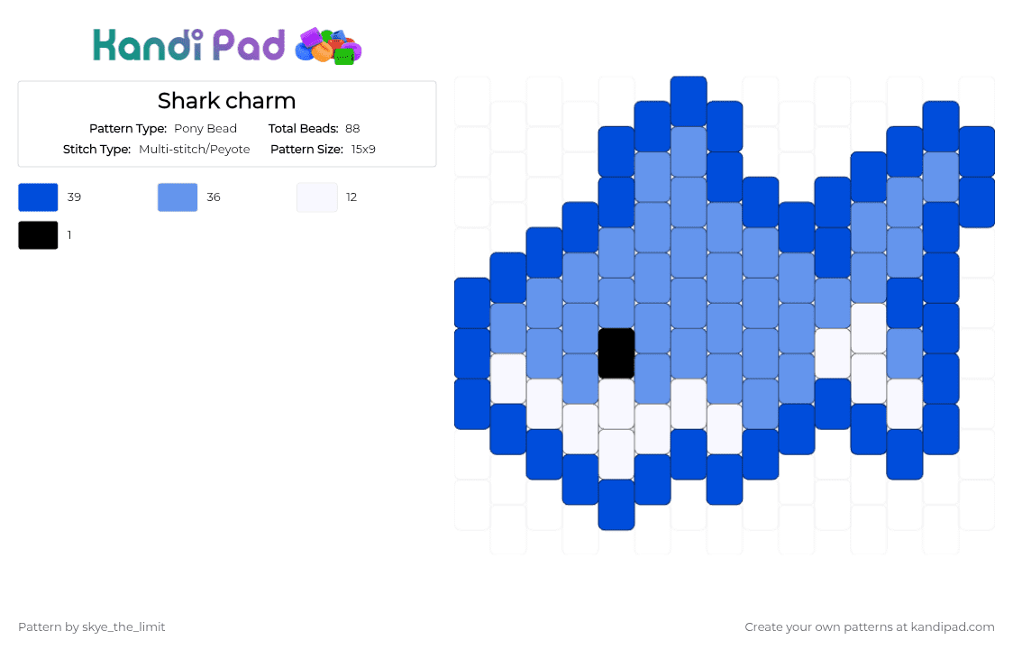 Shark charm - Pony Bead Pattern by skye_the_limit on Kandi Pad - blue,light blue,shark,charm,kandi,sea,fish,water,ocean