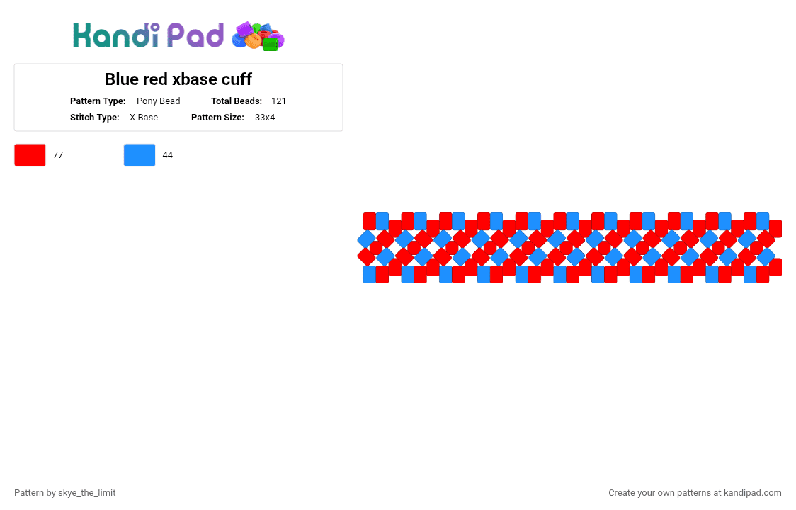 Blue red X base cuff - Pony Bead Pattern by skye_the_limit on Kandi Pad - red,light blue,blue,x,cuff,kandi,stripe