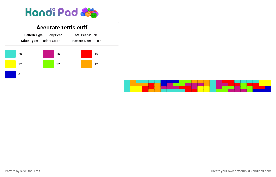 Accurate tetris cuff - Pony Bead Pattern by skye_the_limit on Kandi Pad - light blue,pink,red,tetris,game,cuff,ladder