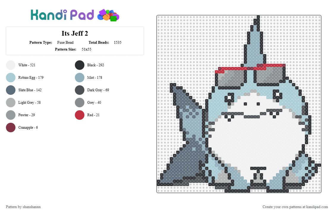 Its Jeff 2 - Fuse Bead Pattern by shanshannn on Kandi Pad - jeff the shark,jeff,shark,sunglasses,animal,white,light blue,gray
