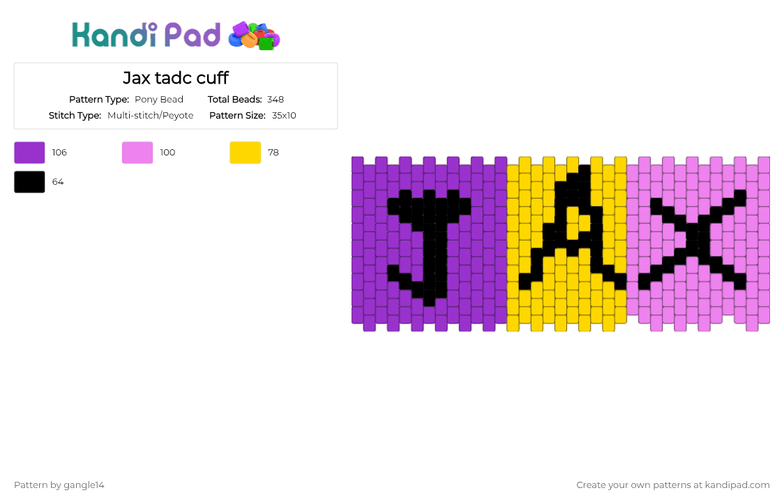 Jax tadc cuff - Pony Bead Pattern by k4ndi_freakk on Kandi Pad - purple,pink