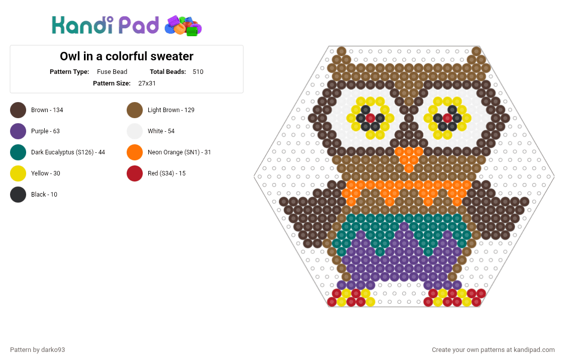 Owl in a colorful sweater - Fuse Bead Pattern by darko93 on Kandi Pad - tan,brown,purple