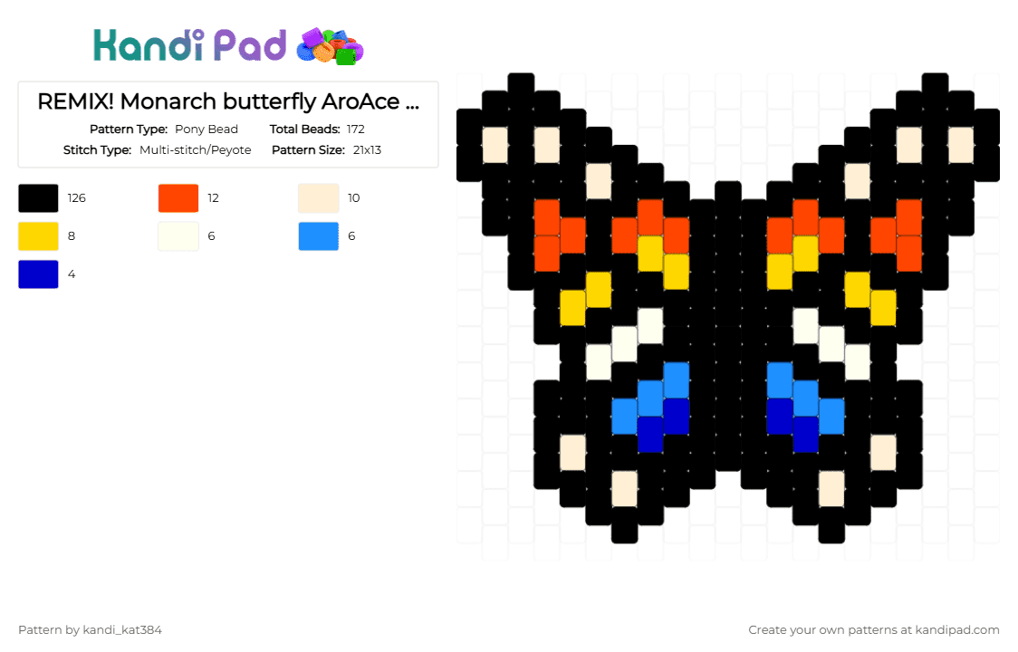 REMIX! Monarch butterfly AroAce pride - Pony Bead Pattern by kandi_kat384 on Kandi Pad - black,beige,red,yellow