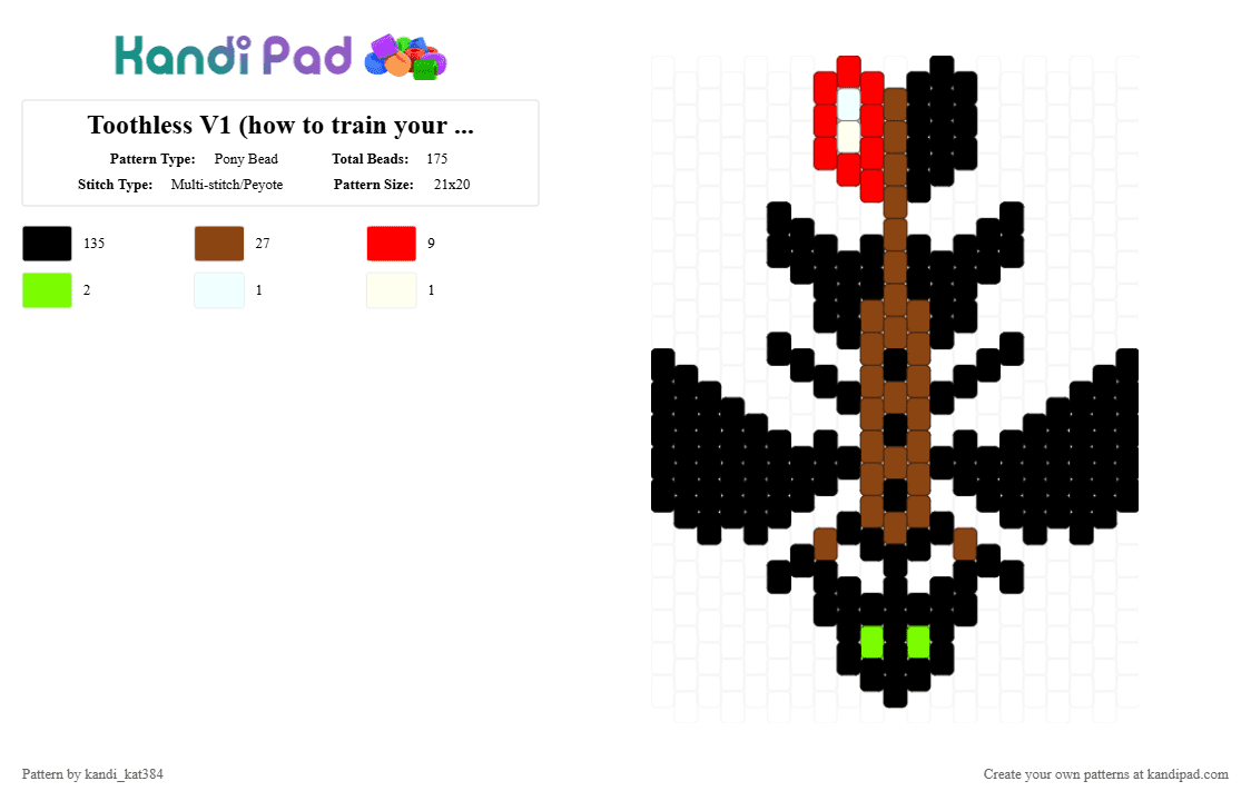 Toothless V1 (how to train your dragon) - Pony Bead Pattern by kandi_kat384 on Kandi Pad - black, red