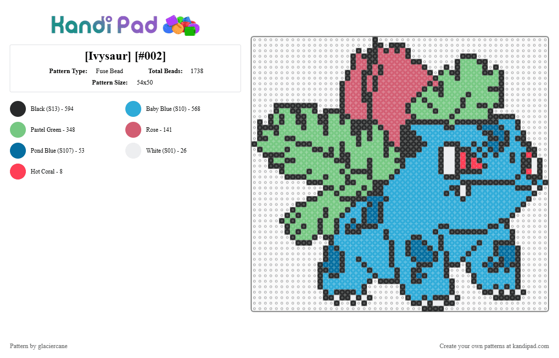 [Ivysaur] [#002] - Fuse Bead Pattern by glaciercane on Kandi Pad - teal,light blue,ivysaur,pokemon,forest,plant,poison,bloom,cute,evolution