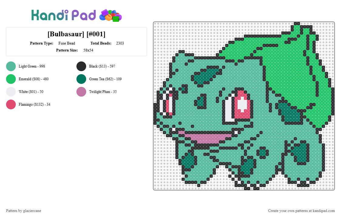 [Bulbasaur] [#001] - Fuse Bead Pattern by glaciercane on Kandi Pad - teal,green,bulbasaur,pokemon,forest,poison,grass,plants,bloom