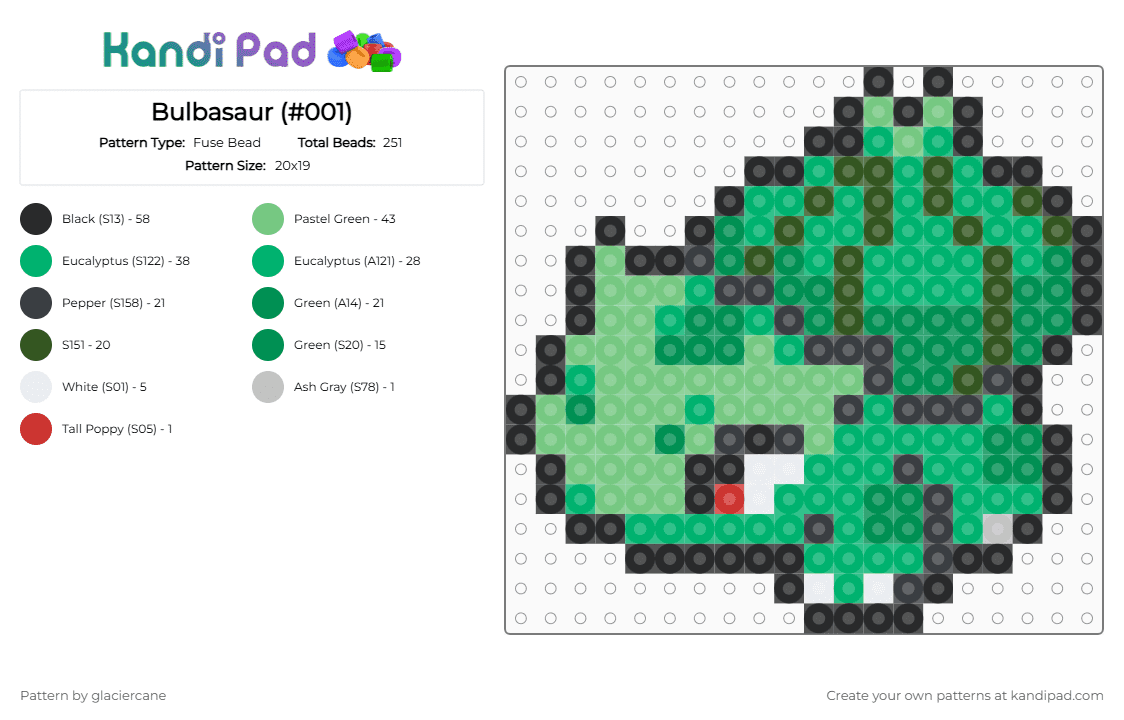 Bulbasaur (#001) - Fuse Bead Pattern by glaciercane on Kandi Pad - teal,green,pokemon,fantasy,creature,forest,bulbasaur,grass,poison,bulb