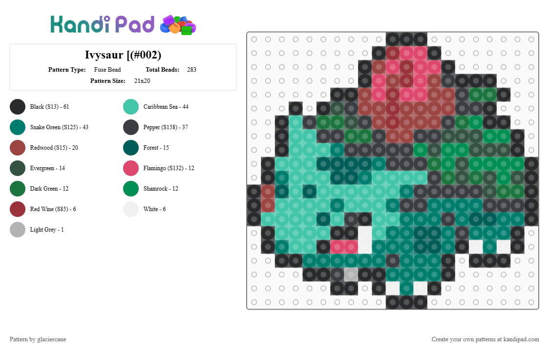 Ivysaur [(#002) - Fuse Bead Pattern by glaciercane on Kandi Pad - red,teal,pokemon,ivysaur,plant,forest,field,colorful,evolution,poison