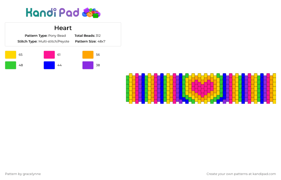 Heart - Pony Bead Pattern by gracelynne on Kandi Pad - yellow,pink,purple,cotdmothersday2026,heart,rainbow,colorful,cuff,multistitch,peyote
