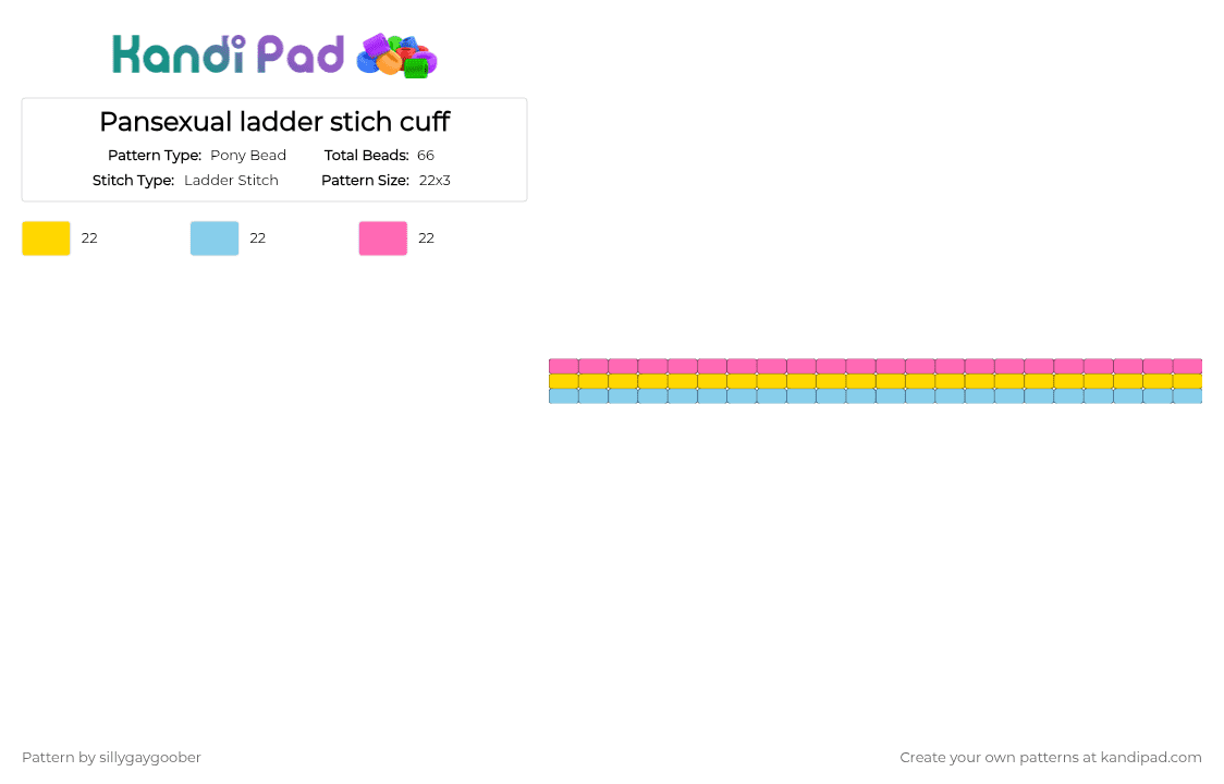 Pansexual ladder stich cuff - Pony Bead Pattern by sillygaygoober on Kandi Pad - yellow,light blue,pink,pan,pride