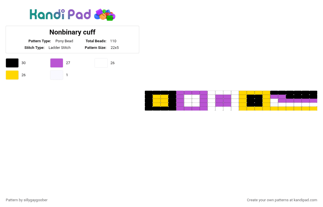 Nonbinary cuff - Pony Bead Pattern by sillygaygoober on Kandi Pad - pink,yellow,pride,nonbinary,black,purple,white