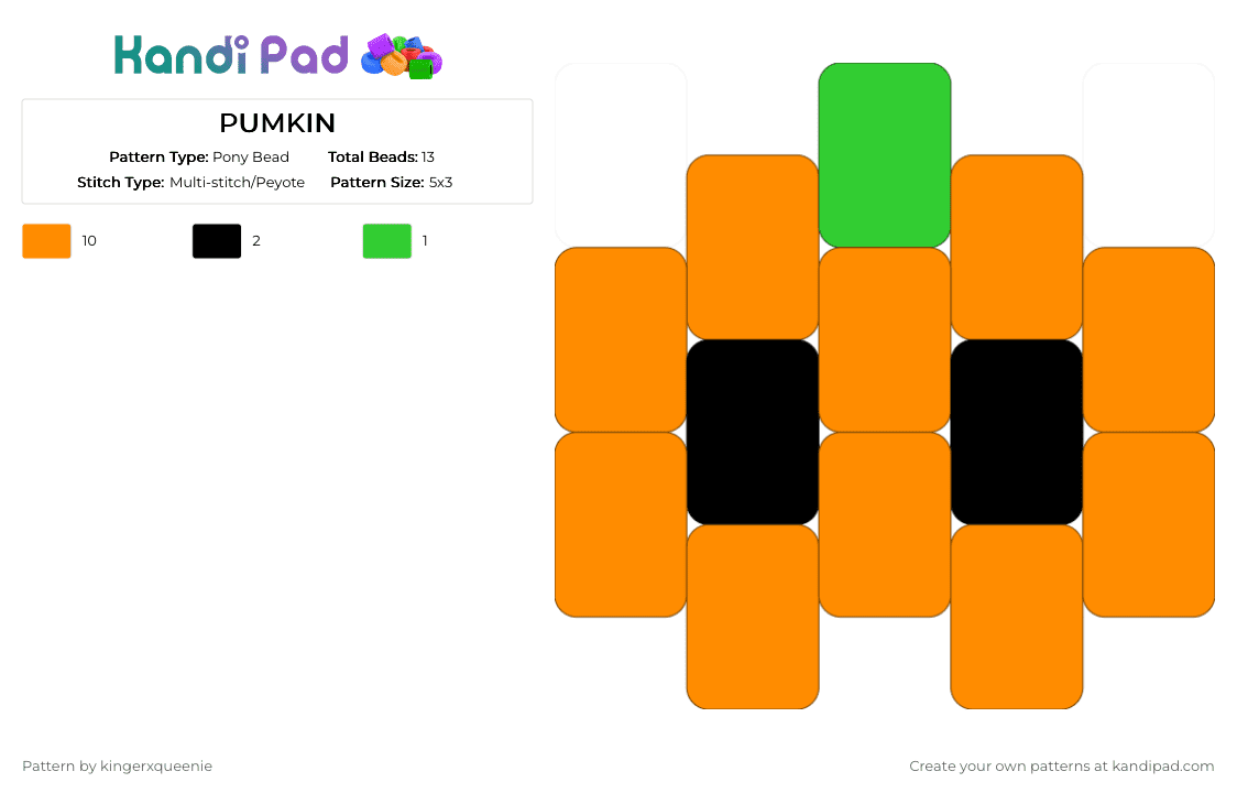PUMKIN - Pony Bead Pattern by kingerxqueenie on Kandi Pad - orange,oarnge,low on beads,green,black