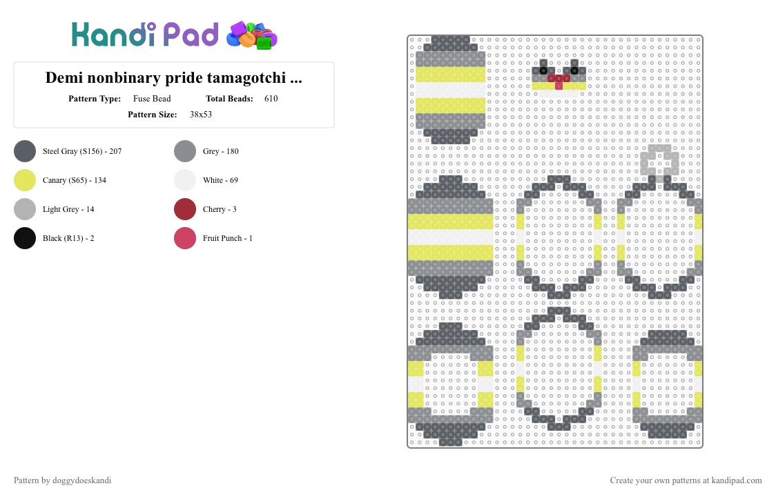 Demi nonbinary pride tamagotchi shaker keychain - Fuse Bead Pattern by doggydoeskandi on Kandi Pad - gray,yellow,pride,demi gender,nonbinary,tamagotchi