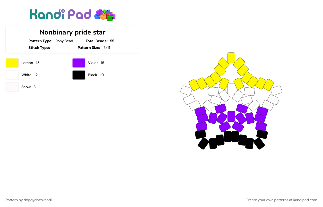 Nonbinary pride star - Pony Bead Pattern by doggydoeskandi on Kandi Pad - purple, yellow
