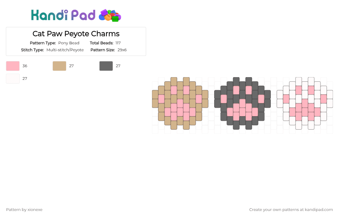 Cat Paw Peyote Charms - Pony Bead Pattern by xionexe on Kandi Pad - pink