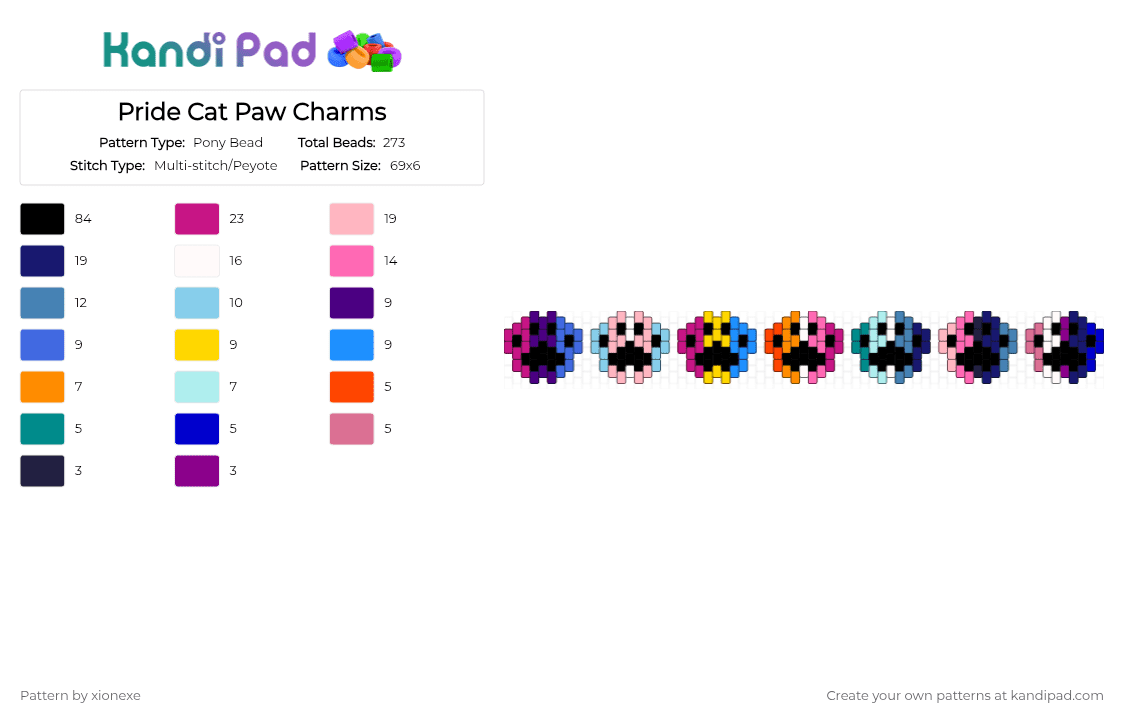 Pride Cat Paw Charms - Pony Bead Pattern by xionexe on Kandi Pad - pink,purple,blue,light blue
