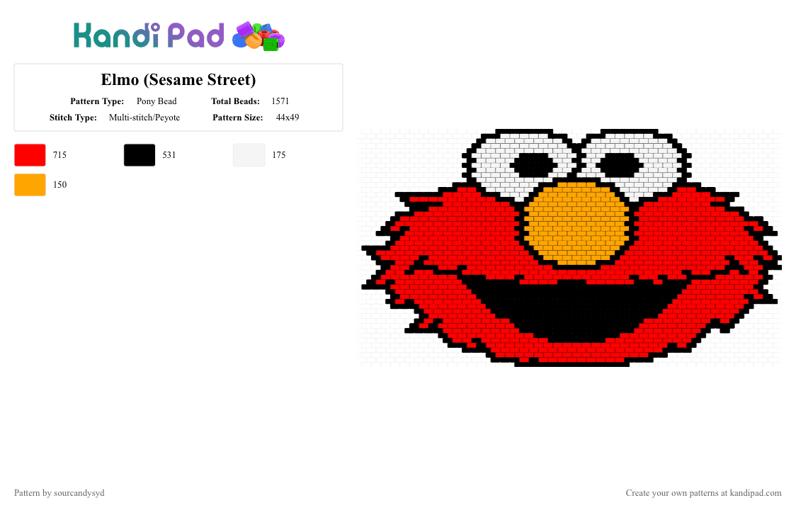 Elmo (Sesame Street) - Pony Bead Pattern by sourcandysyd on Kandi Pad - red,elmo,sesame street,medium,large,characters,headshot,portrait