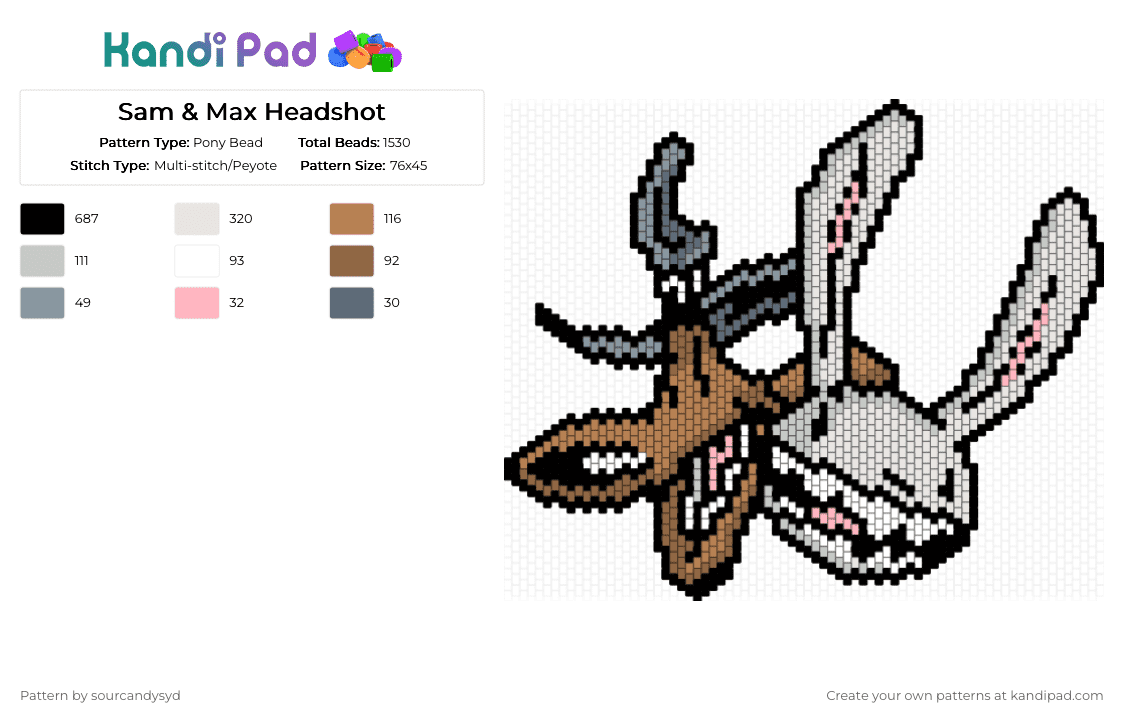 Sam & Max Headshot - Pony Bead Pattern by sourcandysyd on Kandi Pad - white,tan,sam and max,video game,comic,medium large,large,freelance detectives,gay