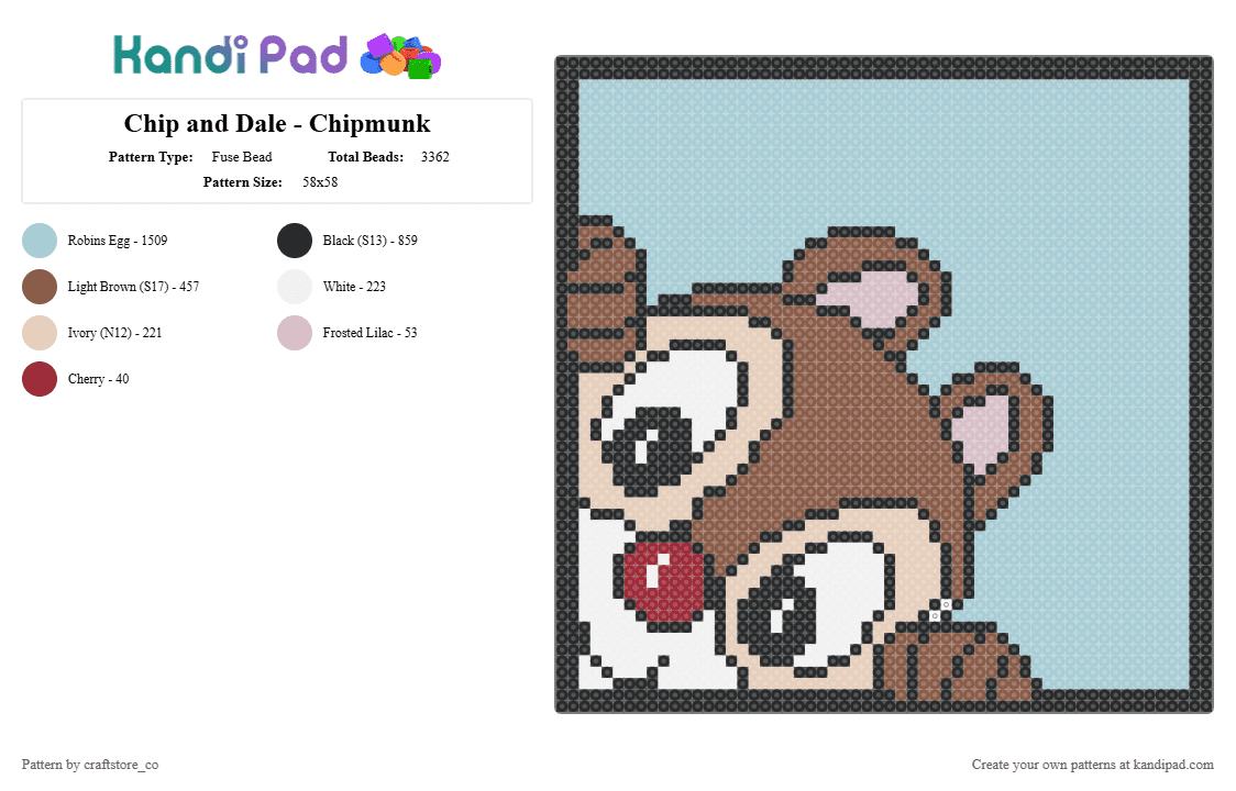 Chip and Dale - Chipmunk - Fuse Bead Pattern by craftstore_co on Kandi Pad - light blue,disney,chip,dale,chipmunk,cartoon,kids,animal,peek