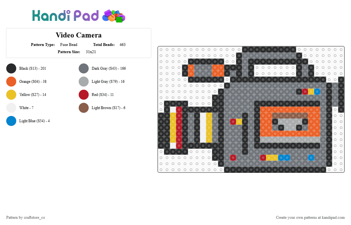 Video Camera - Fuse Bead Pattern by craftstore_co on Kandi Pad - black,gray,video camera,video,camera,casette,retro,vintage,photography,photo