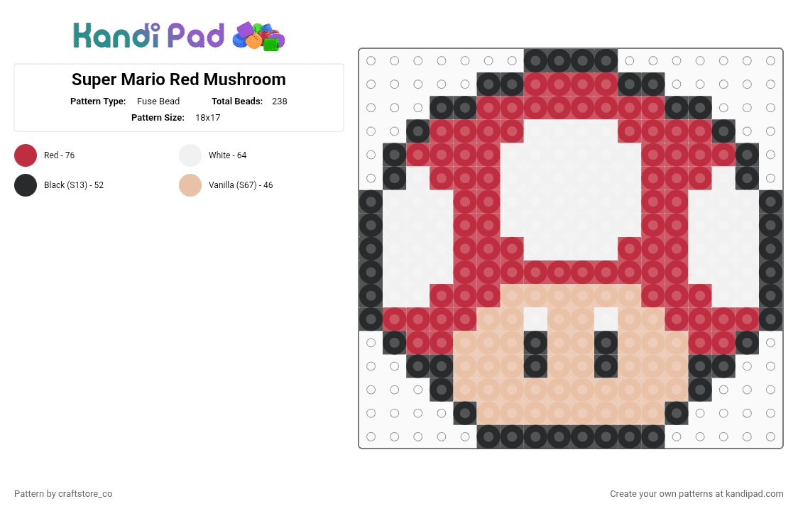 Super Mario Red Mushroom - Fuse Bead Pattern by craftstore_co on Kandi Pad - beige,red,mario,super,super mario,mushroom,power up,nintendo,classic,retro