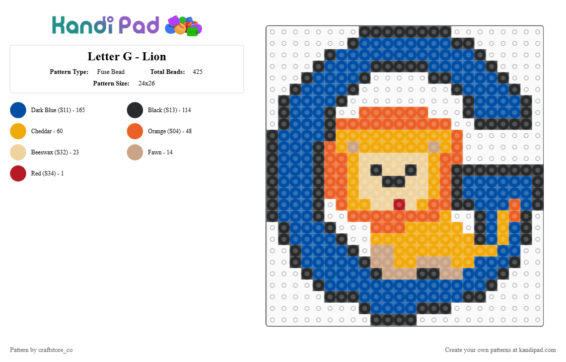 Letter G - Lion - Fuse Bead Pattern by craftstore_co on Kandi Pad - blue,orange,lion,alphabet,lion king,simba,letter