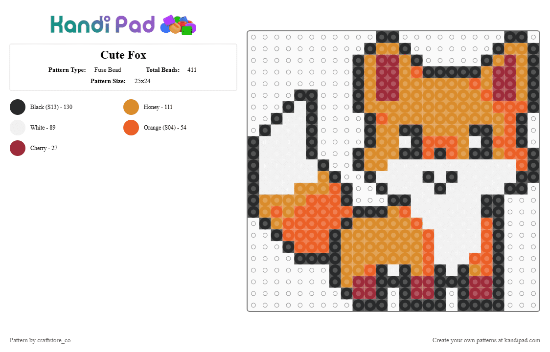 Cute Fox - Fuse Bead Pattern by craftstore_co on Kandi Pad - orange,fox,animal,cute,small,baby,pet
