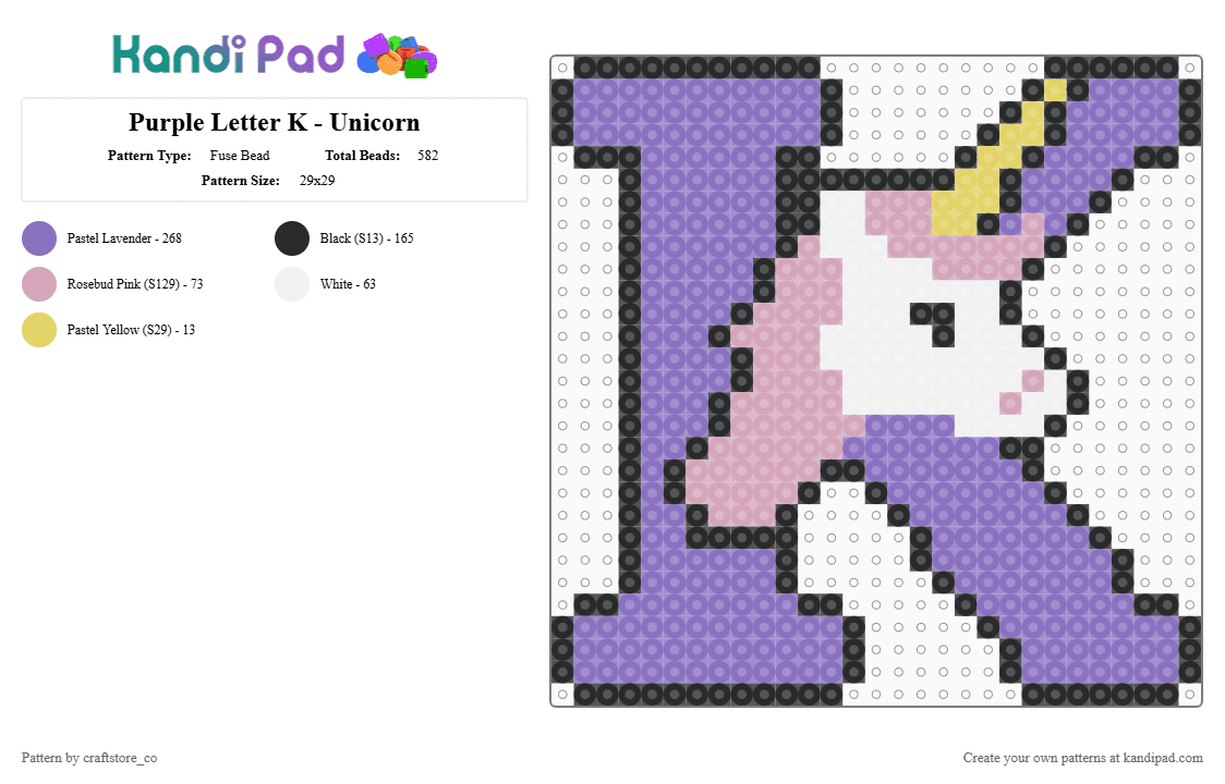 Purple Letter K - Unicorn - Fuse Bead Pattern by craftstore_co on Kandi Pad - blue,unicorn,letter,alphabet,k,design,cute