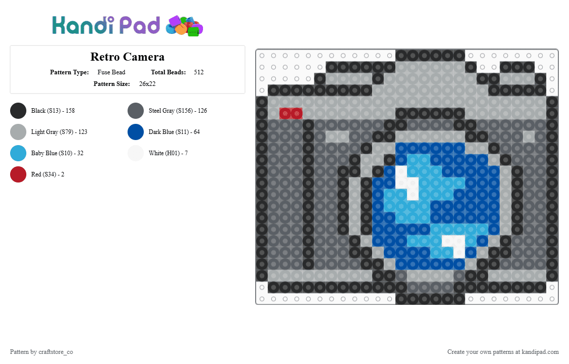 Retro Camera - Fuse Bead Pattern by craftstore_co on Kandi Pad - gray,camera,analog,retro,lens,photography