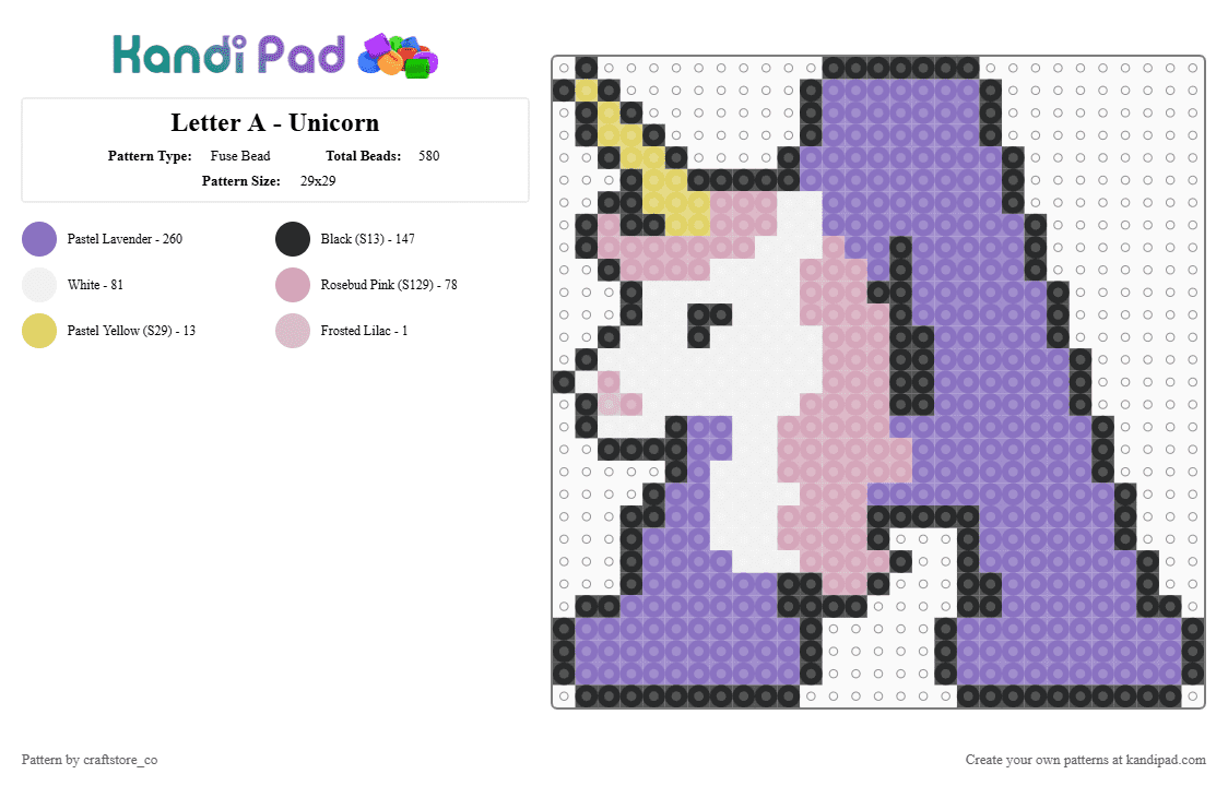 Letter A - Unicorn - Fuse Bead Pattern by craftstore_co on Kandi Pad - blue,letter a,letter,a,unicorn,design,integrated,alphabet