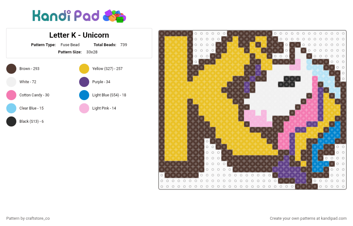 Letter K - Unicorn - Fuse Bead Pattern by craftstore_co on Kandi Pad - brown,yellow,unicorn,k,letter,fantasy,cartoon,imagination,horse