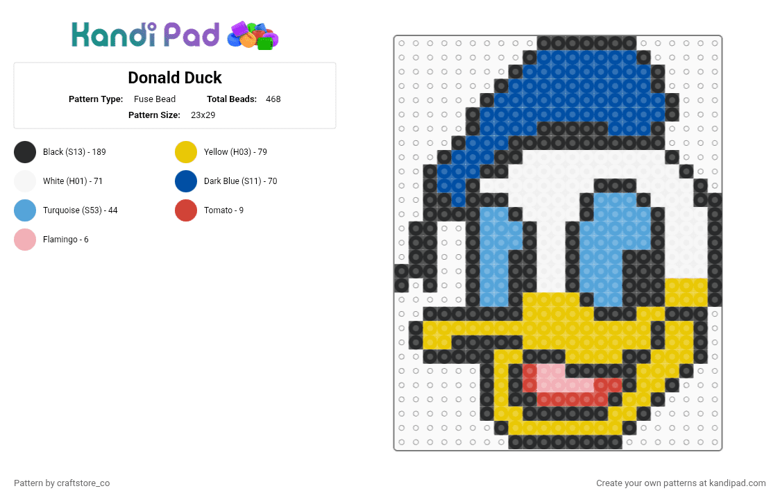 Donald Duck - Fuse Bead Pattern by craftstore_co on Kandi Pad - yellow,light blue,blue,donald duck,duck,donald,disney,cartoon