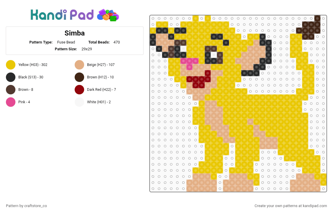 Simba - Fuse Bead Pattern by craftstore_co on Kandi Pad - yellow,beige,simba,lion king,lion,king,disney