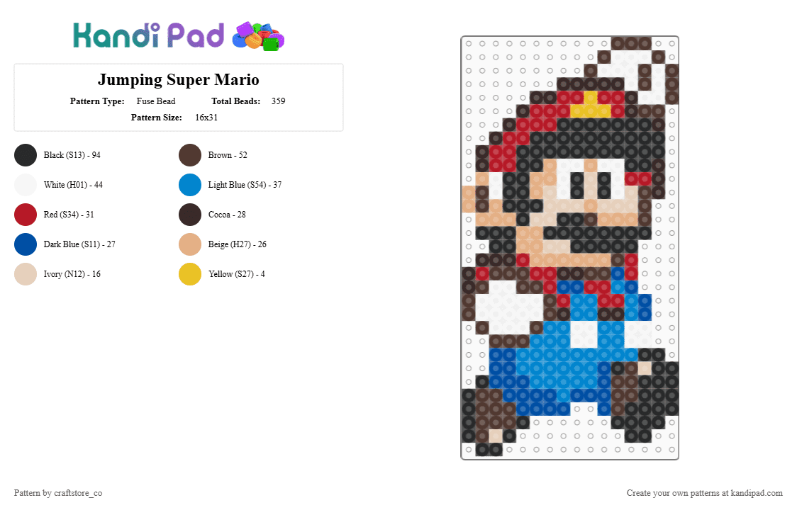Jumping Super Mario - Fuse Bead Pattern by craftstore_co on Kandi Pad - blue,brown,beige,nintendo,super mario,mario,super,jumping,cartoon