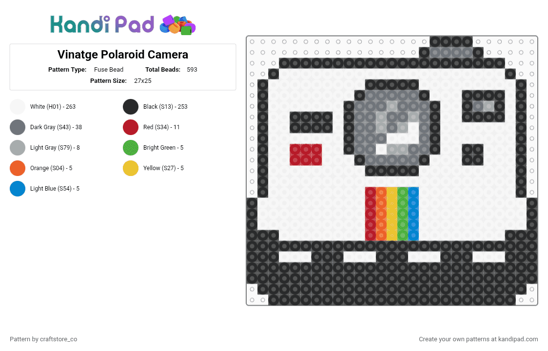 Vinatge Polaroid Camera - Fuse Bead Pattern by craftstore_co on Kandi Pad - black,white,gray,vintage,camera,polaroid,film,photo,photography,analogue