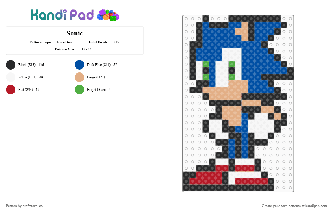 Sonic - Fuse Bead Pattern by craftstore_co on Kandi Pad - animated, blue, cartoon, fast, nintendo, sonic