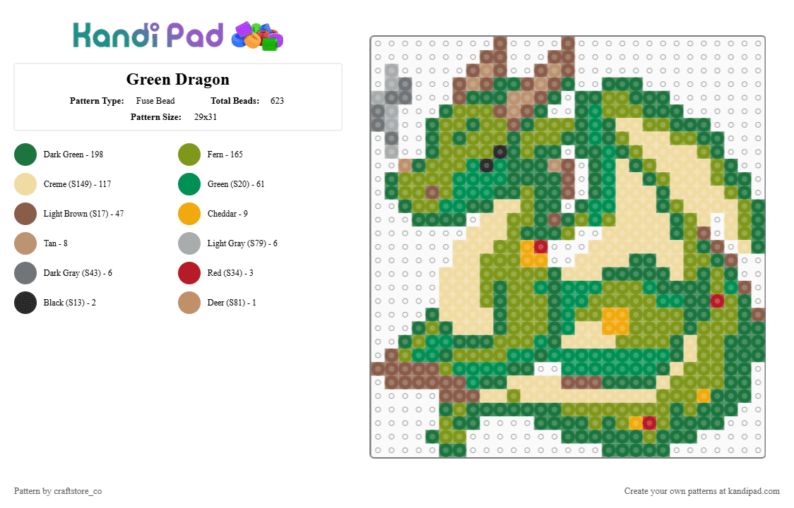 Green Dragon - Fuse Bead Pattern by craftstore_co on Kandi Pad - green,beige,gold,dragon,chinese,smoke,fantacy,wings