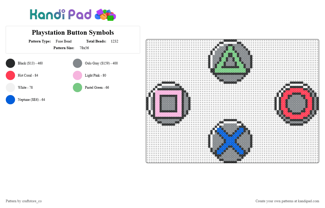 Playstation Button Symbols - Fuse Bead Pattern by craftstore_co on Kandi Pad - gray,playstation,symbols,retro,gaming
